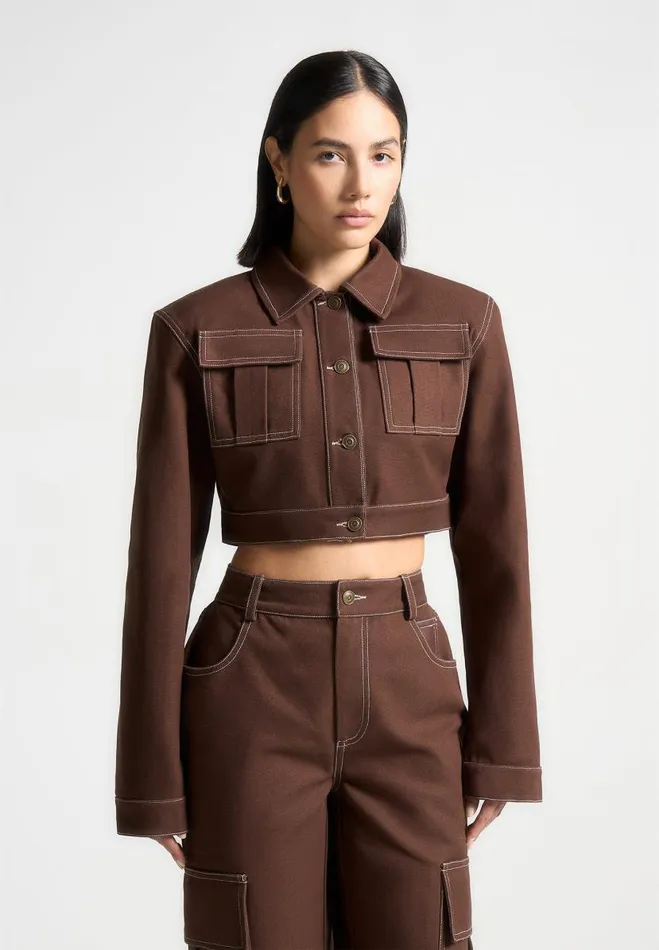 Manire De Voir Matching Sets Manire De Voir Woman Wide Shoulder Drill Jacket 8211 Brown
