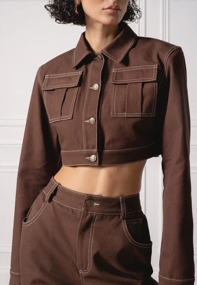 Manire De Voir Matching Sets Manire De Voir Woman Wide Shoulder Drill Jacket 8211 Brown