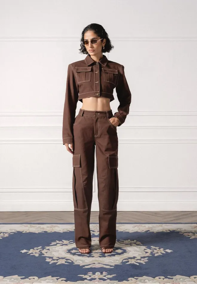 Manire De Voir Matching Sets Manire De Voir Woman Wide Shoulder Drill Jacket 8211 Brown