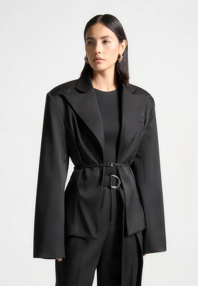 Manire De Voir Matching Sets Manire De Voir Woman Wide Shoulder Sateen Blazer With Twin Belt 8211 Black