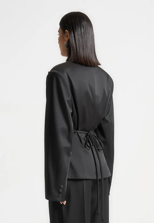 Manire De Voir Matching Sets Manire De Voir Woman Wide Shoulder Sateen Blazer With Twin Belt 8211 Black