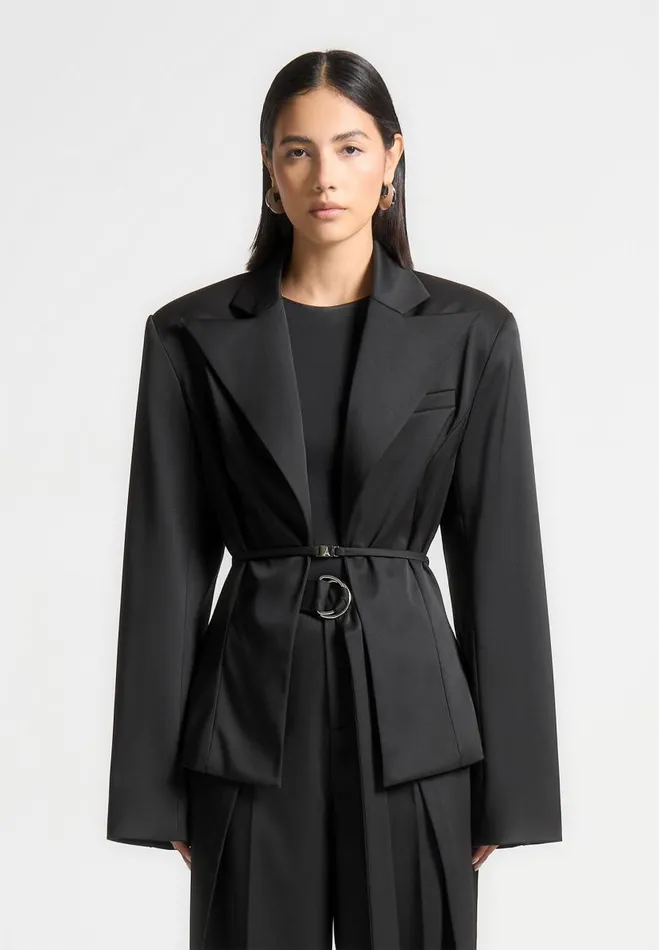 Manire De Voir Matching Sets Manire De Voir Woman Wide Shoulder Sateen Blazer With Twin Belt 8211 Black