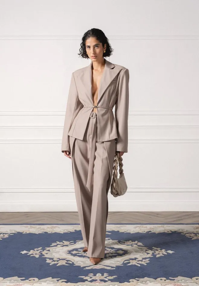 Manire De Voir Matching Sets Manire De Voir Woman Wide Shoulder Tailored Blazer With Twin Belt 8211 Taupe Manire De Voir Matching Sets Manire De Voir Woman Wide Shoulder Tailored Blazer With Twin Belt 8211 Taupe