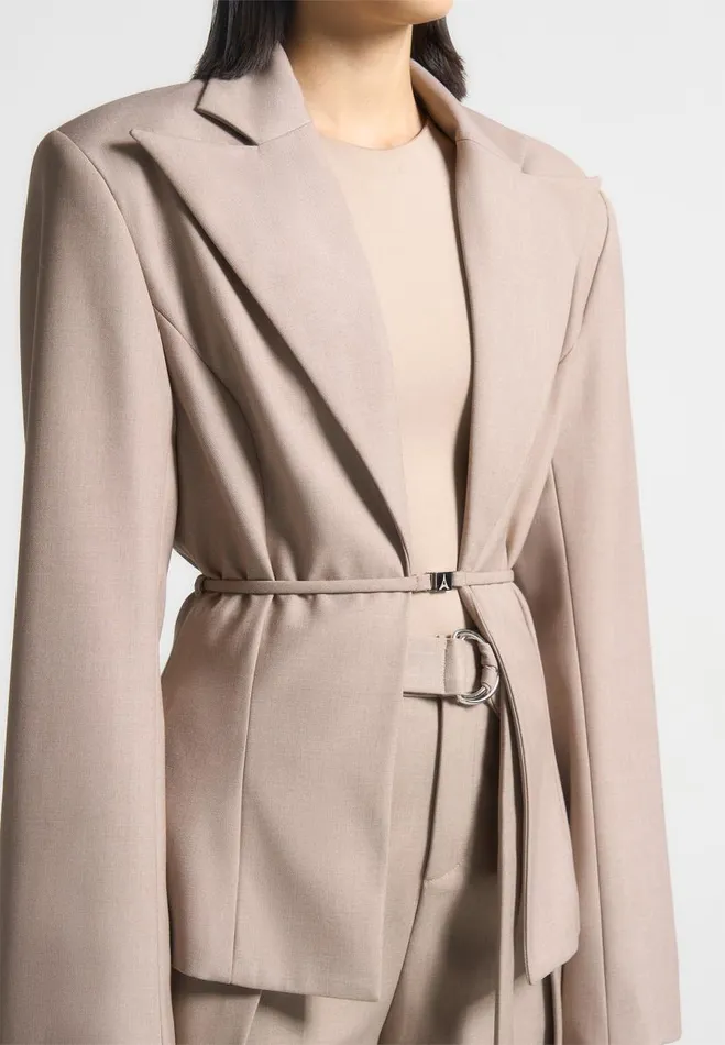 Manire De Voir Matching Sets Manire De Voir Woman Wide Shoulder Tailored Blazer With Twin Belt 8211 Taupe