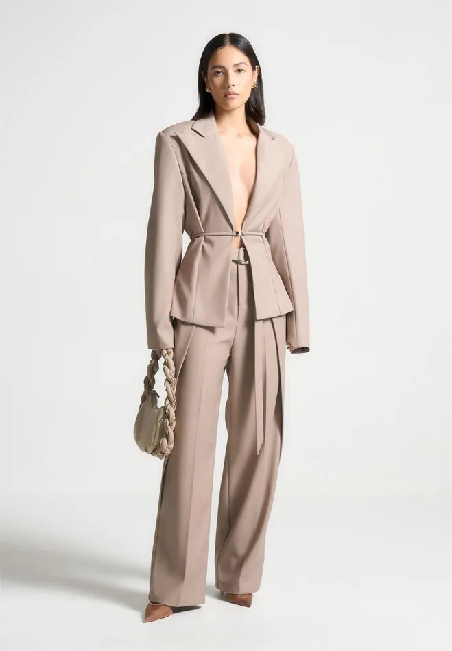 Manire De Voir Matching Sets Manire De Voir Woman Wide Shoulder Tailored Blazer With Twin Belt 8211 Taupe