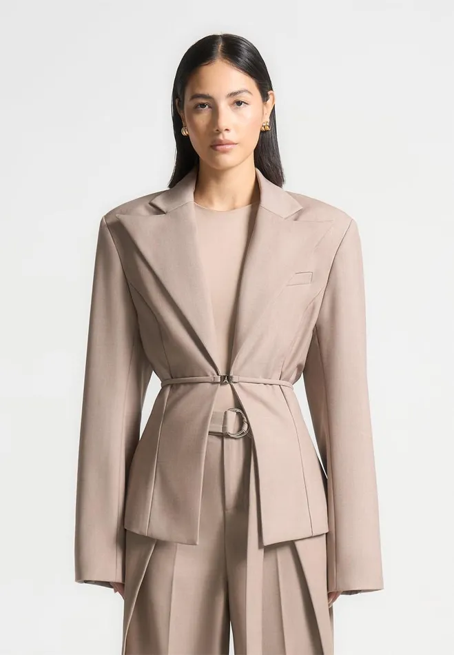Manire De Voir Matching Sets Manire De Voir Woman Wide Shoulder Tailored Blazer With Twin Belt 8211 Taupe