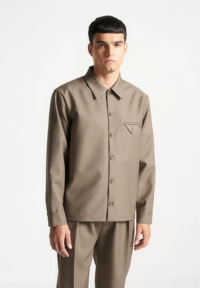 Manire De Voir Modern Tailoring Manire De Voir Man Hatched Tailored Long Sleeve Overshirt 8211 Khaki Manire De Voir Modern Tailoring Manire De Voir Man Hatched Tailored Long Sleeve Overshirt 8211 Khaki