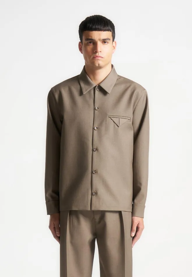 Manire De Voir Modern Tailoring Manire De Voir Man Hatched Tailored Long Sleeve Overshirt 8211 Khaki