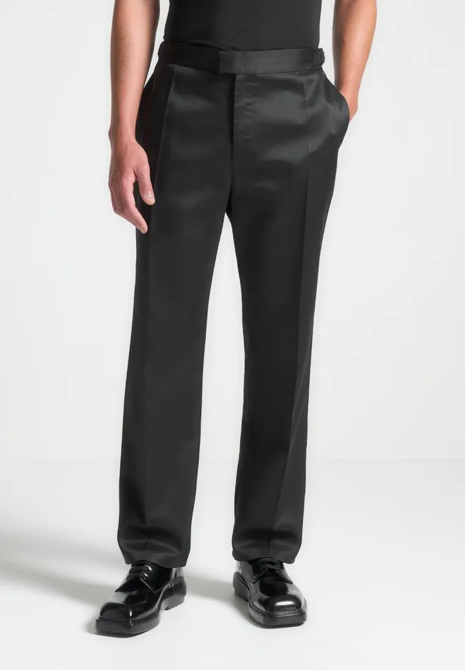 Manire De Voir Modern Tailoring Manire De Voir Man Regular Fit Satin Tailored Trousers 8211 Black Manire De Voir Modern Tailoring Manire De Voir Man Regular Fit Satin Tailored Trousers 8211 Black