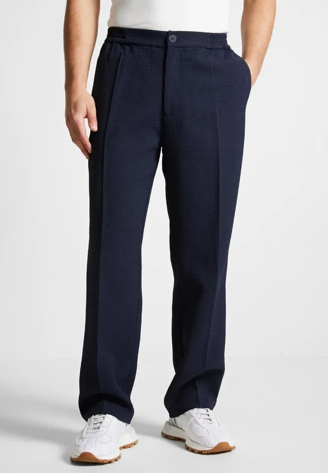 Manire De Voir Modern Tailoring Manire De Voir Man Regular Fit Waffle Seersucker Tailored Trousers 8211 Navy
