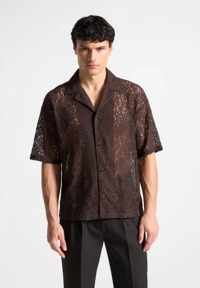 Manire De Voir Shirts Manire De Voir Man Boxy Lace Revere Shirt 8211 Brown
