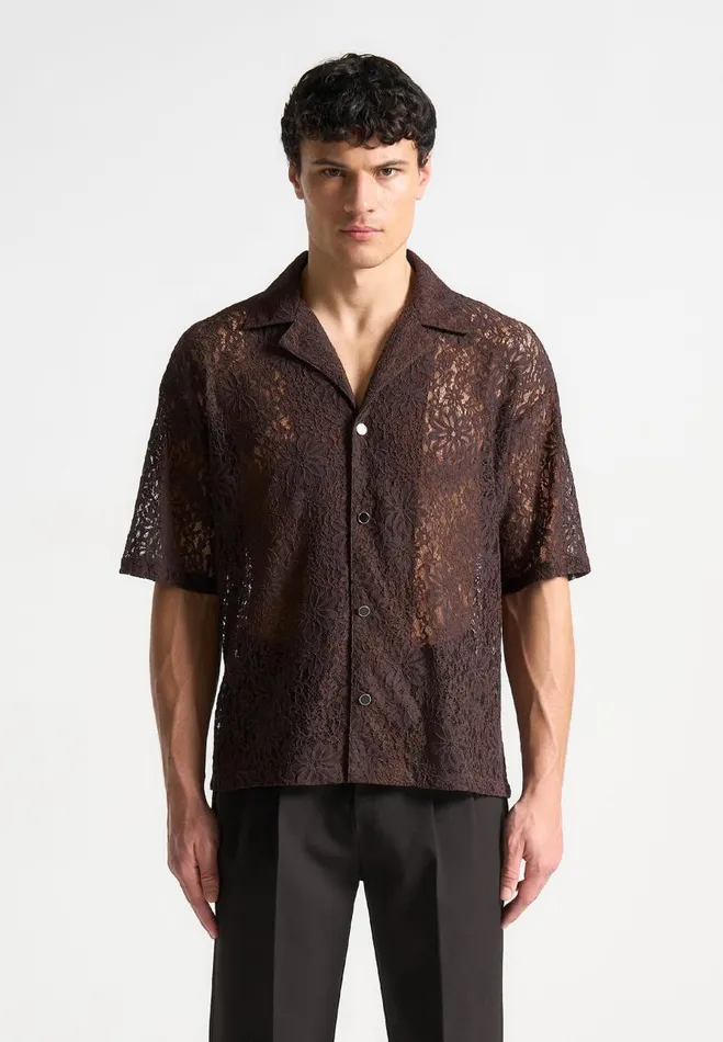 Manire De Voir Shirts Manire De Voir Man Boxy Lace Revere Shirt 8211 Brown