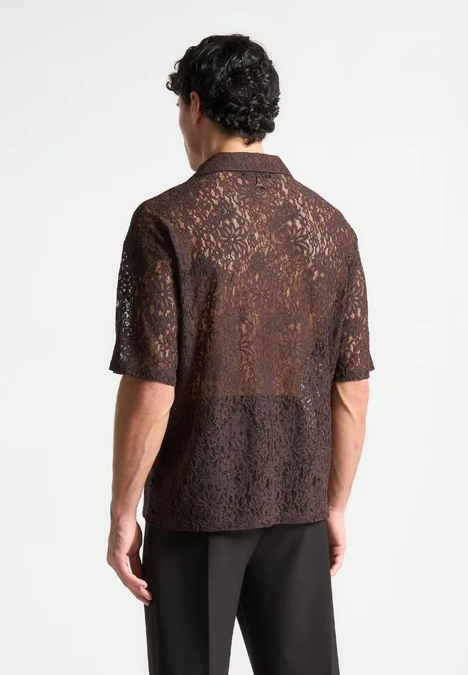 Manire De Voir Shirts Manire De Voir Man Boxy Lace Revere Shirt 8211 Brown