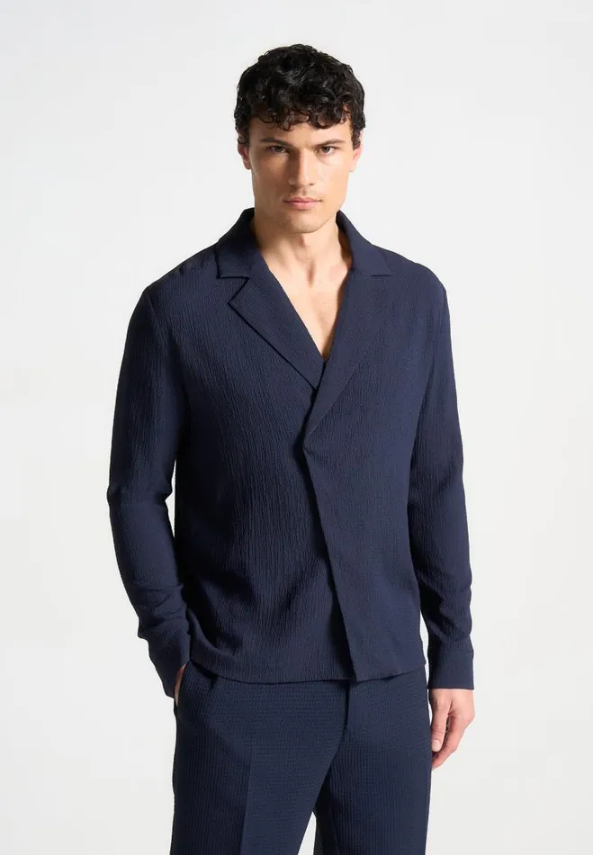 Manire De Voir Shirts Manire De Voir Man Seersucker Double Breasted Shirt 8211 Navy