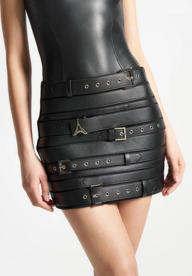 Manire De Voir Skirts Manire De Voir Woman Multi Belt Vegan Leather Mini Skirt 8211 Black