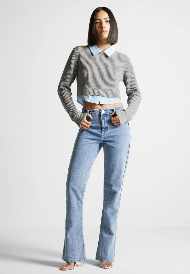 Manire De Voir Tops and T Shirts Manire De Voir Woman Knitted Jumper With Shirt Detail 8211 BlueGrey Manire De Voir Tops and T Shirts Manire De Voir Woman Knitted Jumper With Shirt Detail 8211 BlueGrey