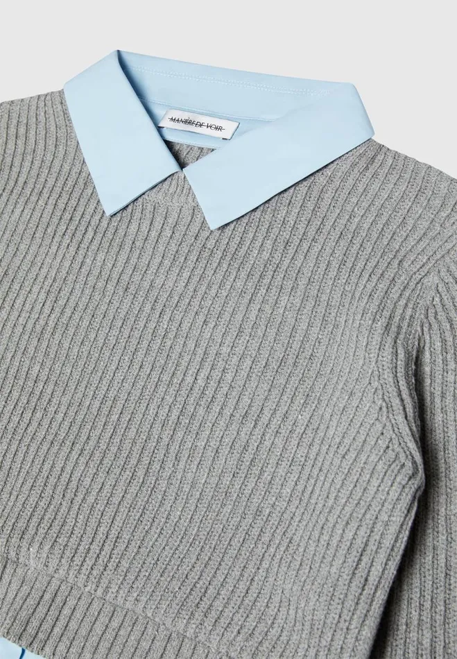Manire De Voir Tops and T Shirts Manire De Voir Woman Knitted Jumper With Shirt Detail 8211 BlueGrey