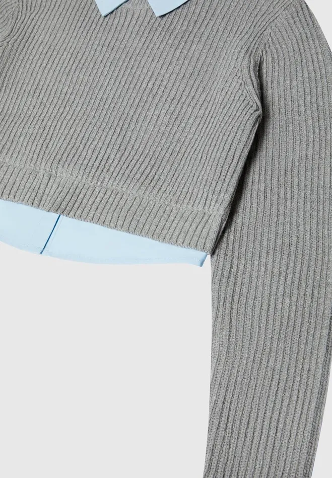 Manire De Voir Tops and T Shirts Manire De Voir Woman Knitted Jumper With Shirt Detail 8211 BlueGrey