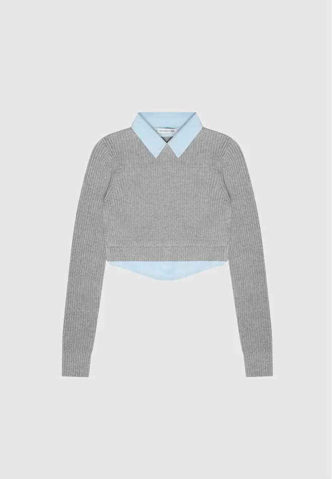 Manire De Voir Tops and T Shirts Manire De Voir Woman Knitted Jumper With Shirt Detail 8211 BlueGrey