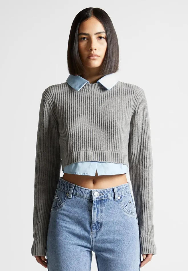 Manire De Voir Tops and T Shirts Manire De Voir Woman Knitted Jumper With Shirt Detail 8211 BlueGrey