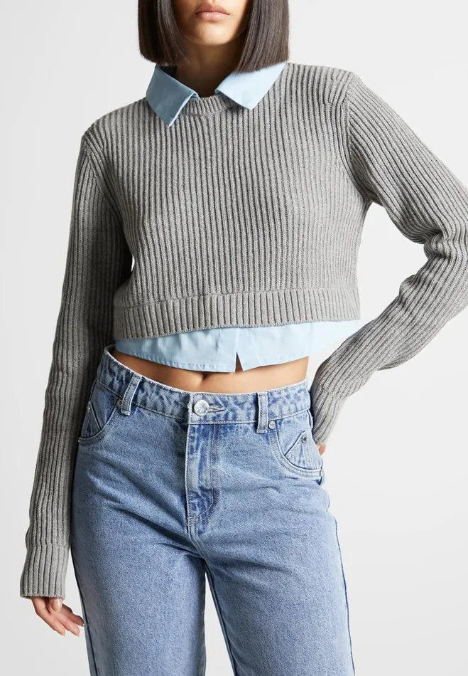Manire De Voir Tops and T Shirts Manire De Voir Woman Knitted Jumper With Shirt Detail 8211 BlueGrey