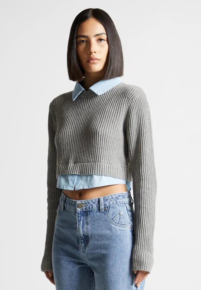 Manire De Voir Tops and T Shirts Manire De Voir Woman Knitted Jumper With Shirt Detail 8211 BlueGrey