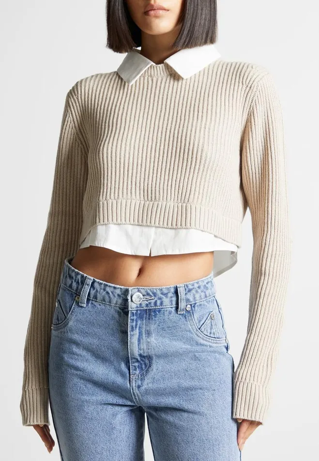 Manire De Voir Tops and T Shirts Manire De Voir Woman Knitted Jumper With Shirt Detail 8211 WhiteBeige Manire De Voir Tops and T Shirts Manire De Voir Woman Knitted Jumper With Shirt Detail 8211 WhiteBeige