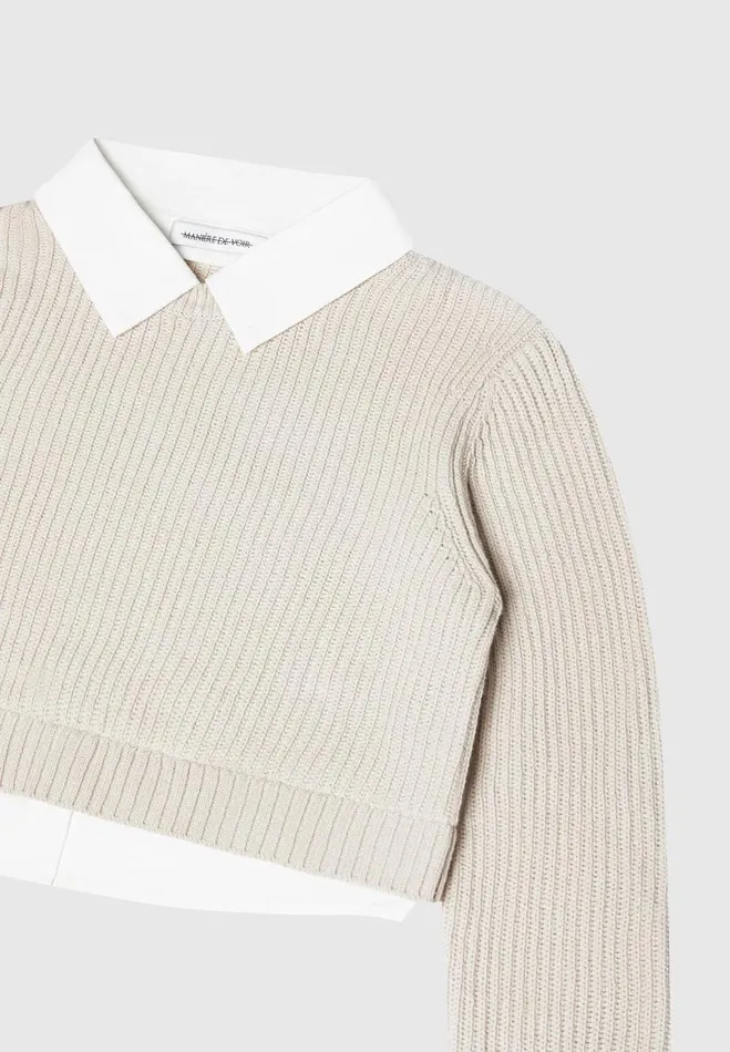 Manire De Voir Tops and T Shirts Manire De Voir Woman Knitted Jumper With Shirt Detail 8211 WhiteBeige