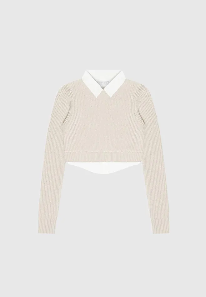 Manire De Voir Tops and T Shirts Manire De Voir Woman Knitted Jumper With Shirt Detail 8211 WhiteBeige