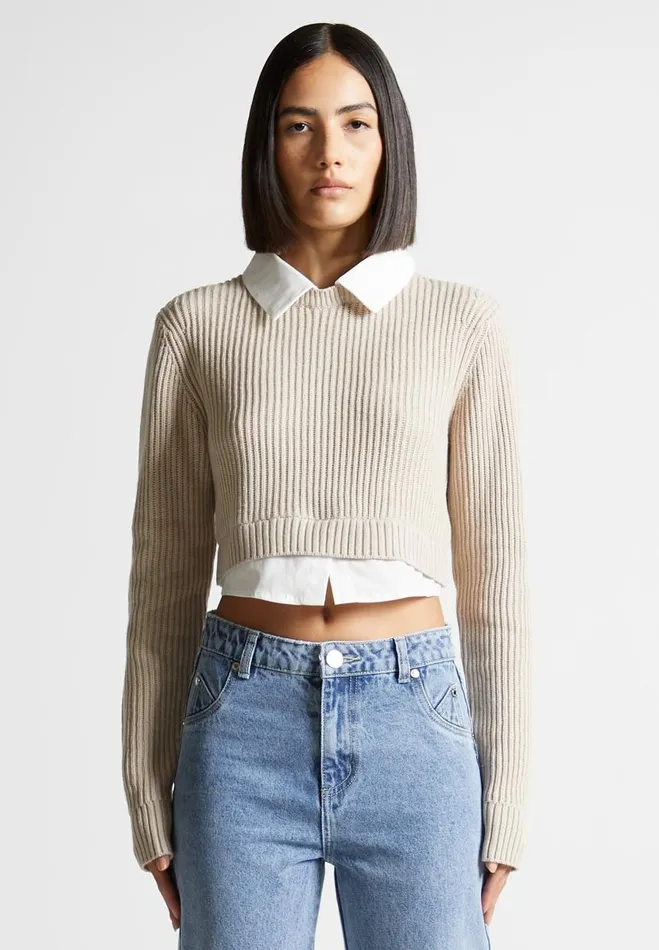 Manire De Voir Tops and T Shirts Manire De Voir Woman Knitted Jumper With Shirt Detail 8211 WhiteBeige