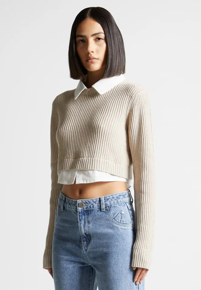 Manire De Voir Tops and T Shirts Manire De Voir Woman Knitted Jumper With Shirt Detail 8211 WhiteBeige