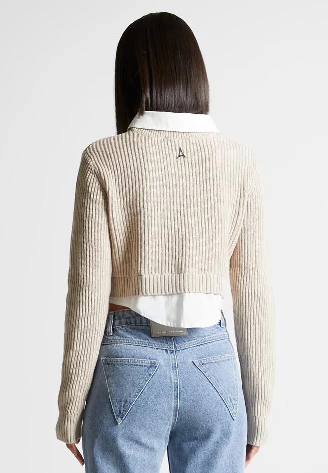 Manire De Voir Tops and T Shirts Manire De Voir Woman Knitted Jumper With Shirt Detail 8211 WhiteBeige