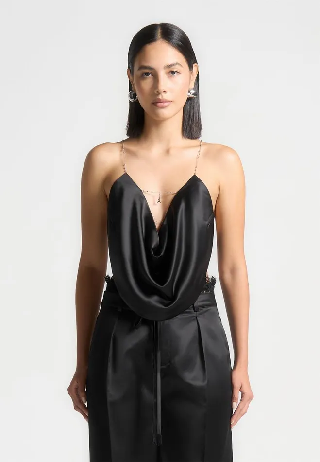 Manire De Voir Tops and T Shirts Manire De Voir Woman Satin Cowl Neck Top With Chain Detail 8211 Black