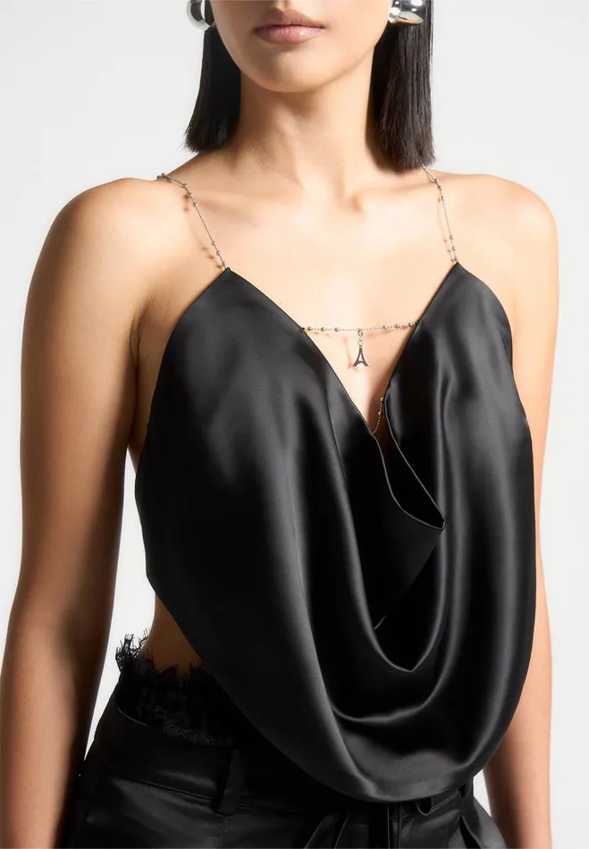 Manire De Voir Tops and T Shirts Manire De Voir Woman Satin Cowl Neck Top With Chain Detail 8211 Black