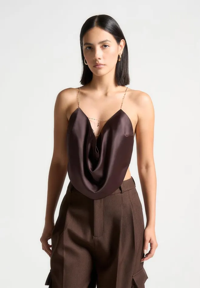 Manire De Voir Tops and T Shirts Manire De Voir Woman Satin Cowl Neck Top With Chain Detail 8211 Brown Manire De Voir Tops and T Shirts Manire De Voir Woman Satin Cowl Neck Top With Chain Detail 8211 Brown