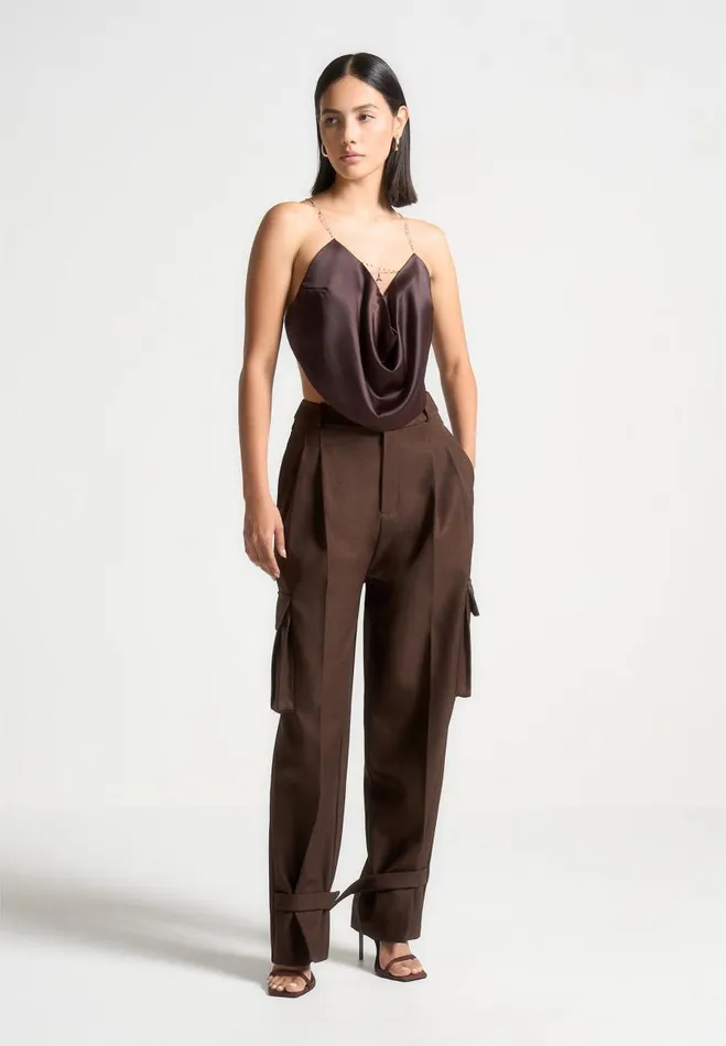 Manire De Voir Tops and T Shirts Manire De Voir Woman Satin Cowl Neck Top With Chain Detail 8211 Brown