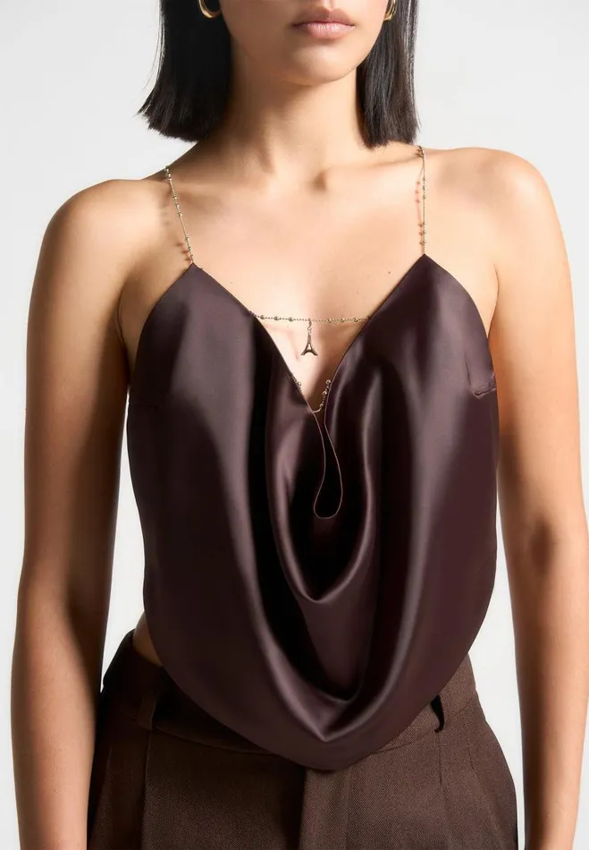 Manire De Voir Tops and T Shirts Manire De Voir Woman Satin Cowl Neck Top With Chain Detail 8211 Brown