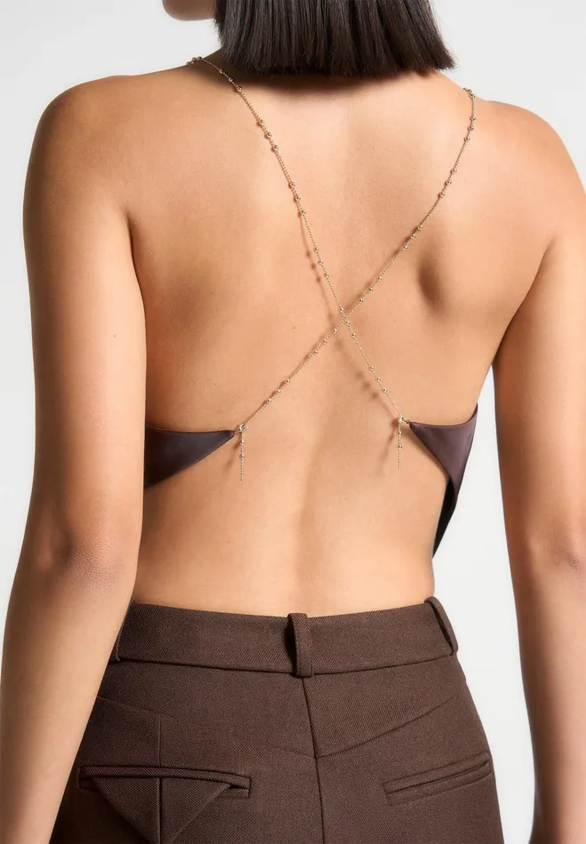 Manire De Voir Tops and T Shirts Manire De Voir Woman Satin Cowl Neck Top With Chain Detail 8211 Brown