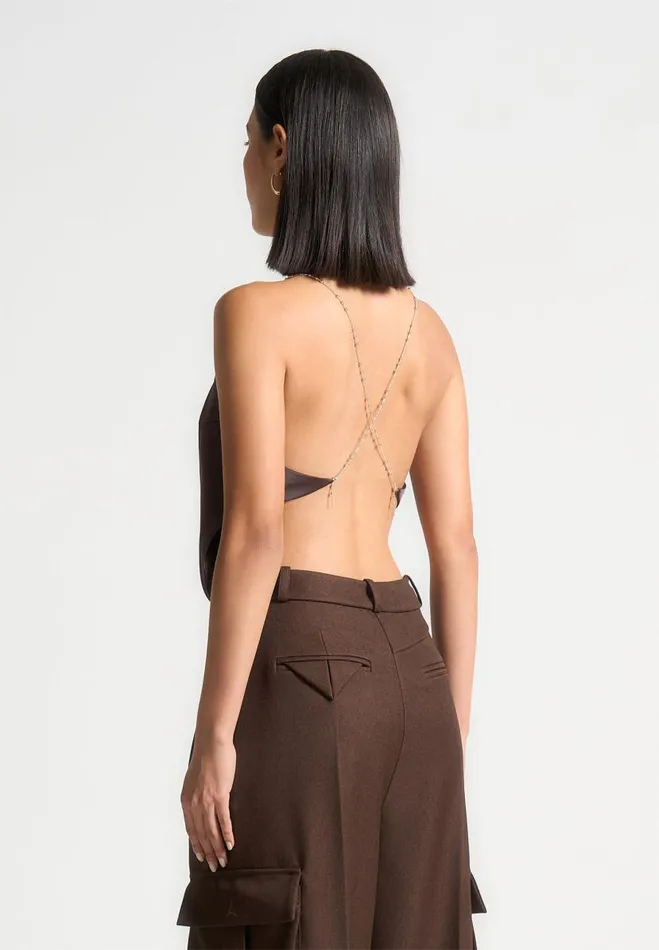 Manire De Voir Tops and T Shirts Manire De Voir Woman Satin Cowl Neck Top With Chain Detail 8211 Brown