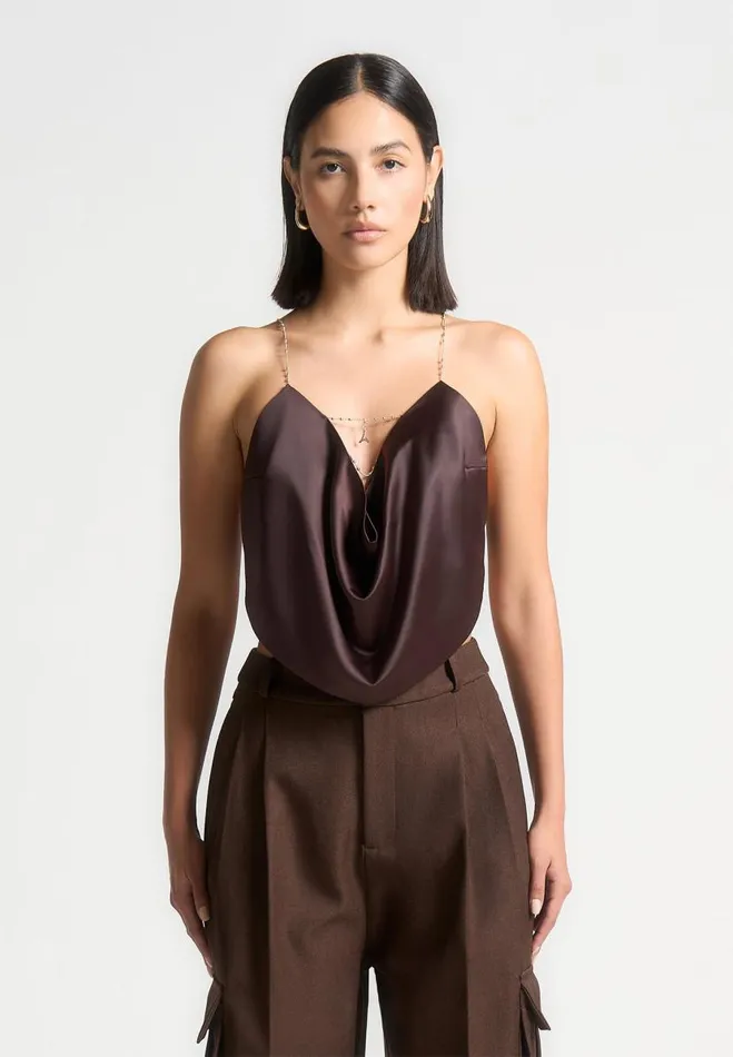 Manire De Voir Tops and T Shirts Manire De Voir Woman Satin Cowl Neck Top With Chain Detail 8211 Brown