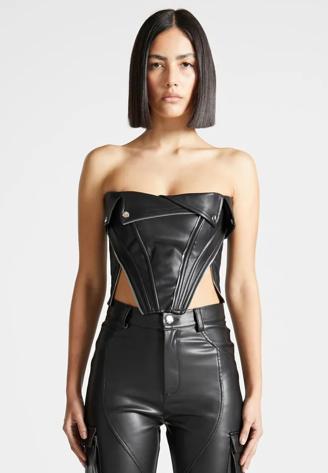 Manire De Voir Tops and T Shirts Manire De Voir Woman Vegan Leather Biker Corset 8211 Black Manire De Voir Tops and T Shirts Manire De Voir Woman Vegan Leather Biker Corset 8211 Black
