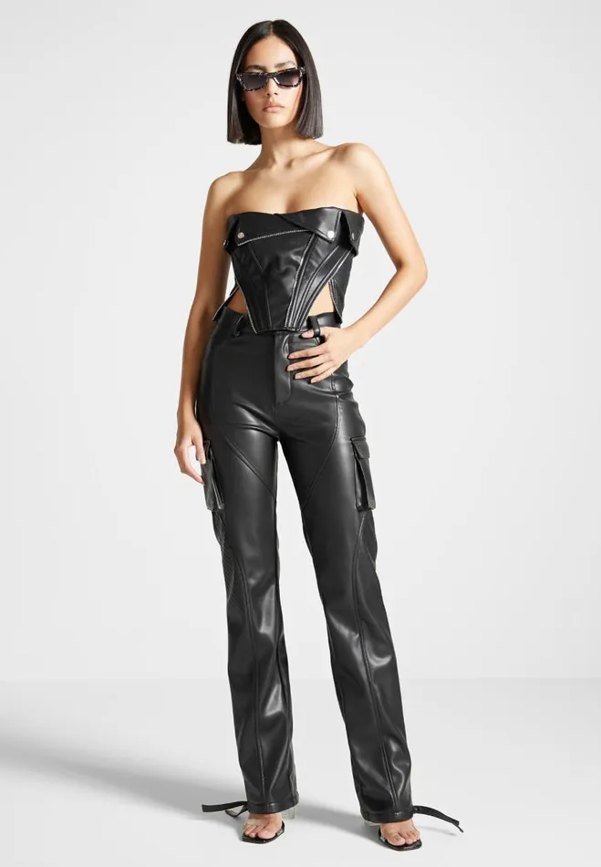 Manire De Voir Tops and T Shirts Manire De Voir Woman Vegan Leather Biker Corset 8211 Black