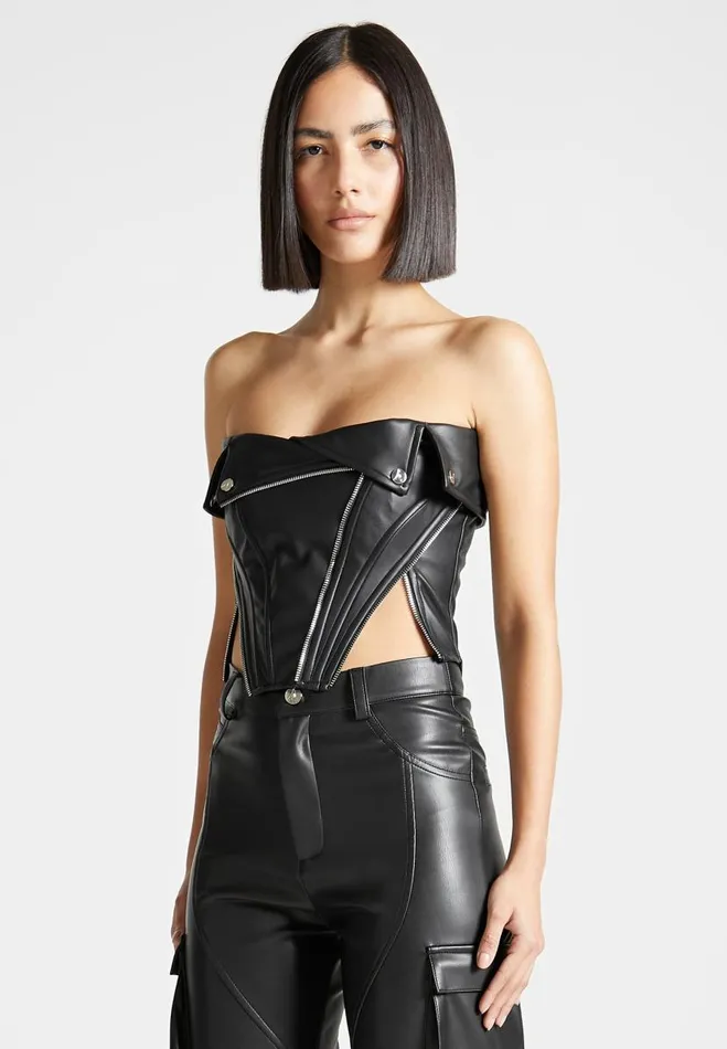 Manire De Voir Tops and T Shirts Manire De Voir Woman Vegan Leather Biker Corset 8211 Black
