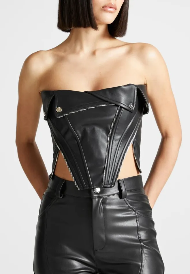Manire De Voir Tops and T Shirts Manire De Voir Woman Vegan Leather Biker Corset 8211 Black