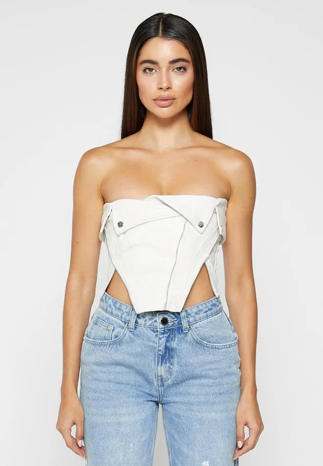 Manire De Voir Tops and T Shirts Manire De Voir Woman Vegan Leather Biker Corset 8211 White Manire De Voir Tops and T Shirts Manire De Voir Woman Vegan Leather Biker Corset 8211 White