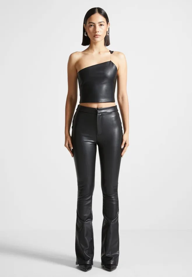 Manire De Voir Tops and T Shirts Manire De Voir Woman Vegan Leather Invisible Strap Top 8211 Black