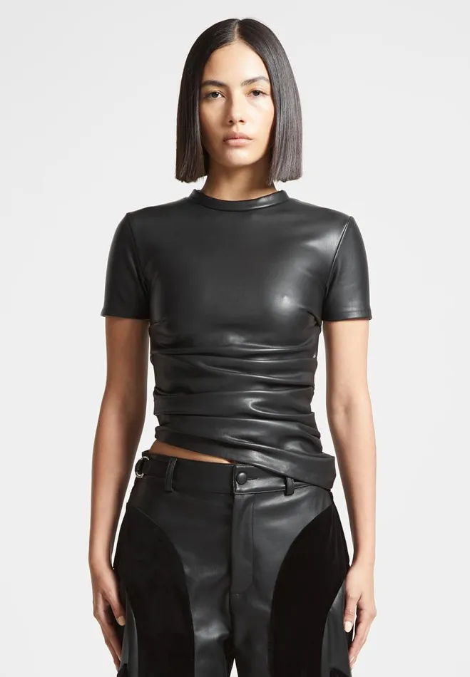 Manire De Voir Tops and T Shirts Manire De Voir Woman Vegan Leather Ruched TShirt 8211 Black Manire De Voir Tops and T Shirts Manire De Voir Woman Vegan Leather Ruched TShirt 8211 Black