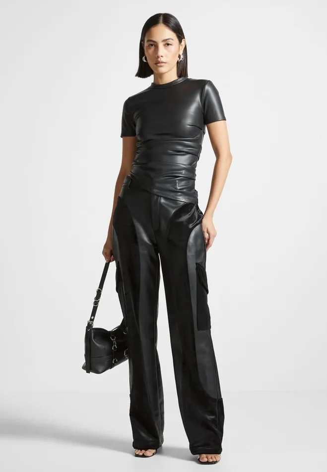 Manire De Voir Tops and T Shirts Manire De Voir Woman Vegan Leather Ruched TShirt 8211 Black