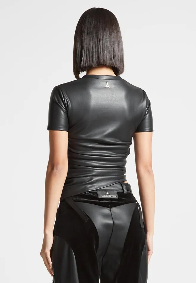 Manire De Voir Tops and T Shirts Manire De Voir Woman Vegan Leather Ruched TShirt 8211 Black