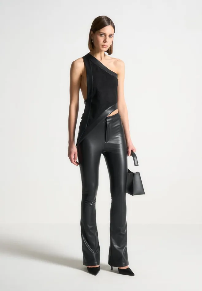 Manire De Voir Tops and T Shirts Manire De Voir Woman Vegan Suede and Leather Asymmetric Backless Top 8211 Black